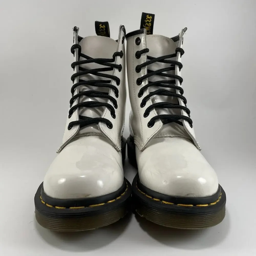 Dr Martens Doc 1460 W Combat Boots Womens Size 6 White Patent Leather Lace Up